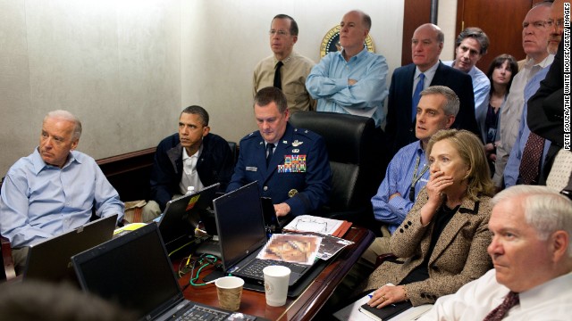 President Barack Obama, Vice President Joe Biden, Clinton and members of the national security team receive an update on the mission against Osama bin Laden in the Situation Room of the White House on May 1, 2011.