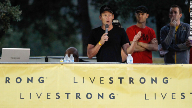 Cyclist Lance Armstrong has been stripped of his seven Tour de France wins and banned from the tournament for life, the International Cycling Union announced Monday, October 22. Pictured, Armstrong addresses participants at The Livestrong Challenge Ride on Sunday. He stepped down as chairman of his Livestrong cancer charity on Wednesday, October 17.