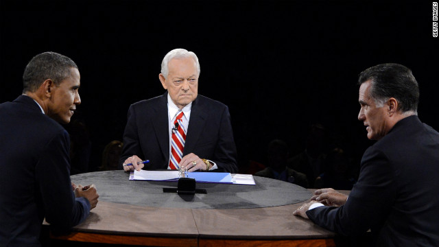 Obama and Romney face off while Schieffer looks on.