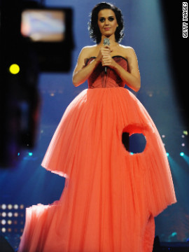 Resembling a piece of Swiss cheese, Perry dons this gown when performing at the MTV Europe Music Awards in November 2009 in Berlin.