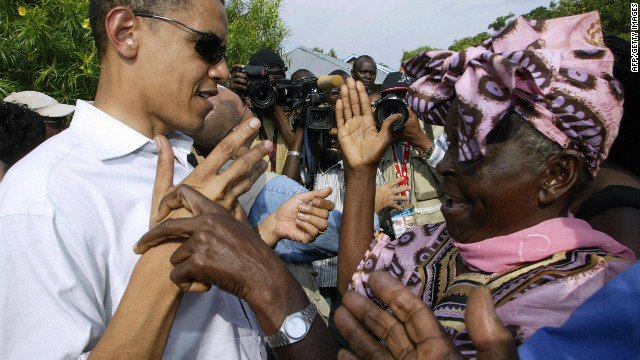 Barack Obama's father is from Kenya -- and in 2006, then-Senator Obama visited his relatives there. In this photo, Obama greets his grandmother Sarah Obama at their rural home west of Nairobi.