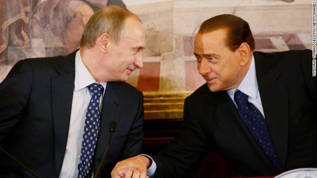 Russian Prime Minister Vladimir Putin and Berlusconi attend a press conference in Lesmo, Italy, on April 26, 2010.