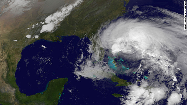 A satellite image of Hurricane Sandy from the National Oceanic and Atmospheric Administration (NOAA) taken on Friday, October 26.