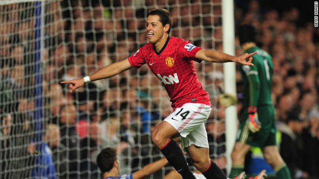 Javier Hernandez celebrates scoring the winner for Manchester United against Chelsea at Stamford Bridge.