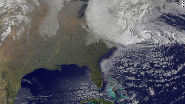 A satellite image shows Hurricane Sandy on Monday, October 29, at 8:25 a.m. ET. Forecasters warned that Sandy was likely to collide with a cold front and spawn a "superstorm" that could generate flash floods, snowstorms and massive power outages.