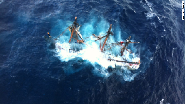 The HMS Bounty, a 180-foot sailboat, is submerged in the Atlantic Ocean about 90 miles southeast of Hatteras, North Carolina, on Monday, October 29.
