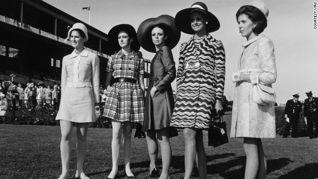 Just three years after Shrimpton caused a stir, finalists in the 1968 "Fashions on the Field" competition can be seen wearing dresses well above the knee. 