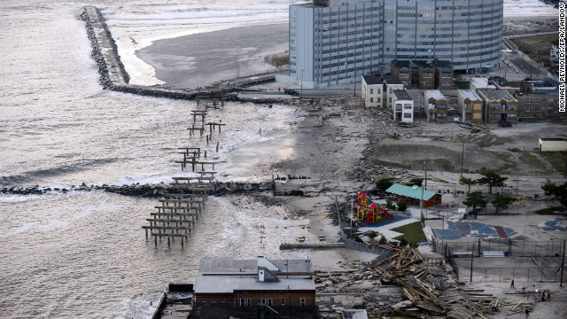 Waterfront property in Atlantic City lays in tatters on Wednesday. Transportation in the state was crippled by floodwaters, as well.