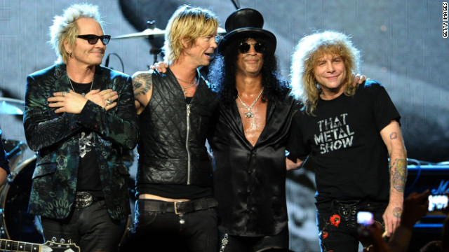 Matt Sorum, left to right, Duff McKagan, Slash and Steven Adler perform onstage during the 27th Rock And Roll Hall of Fame Induction Ceremony in Cleveland, Ohio, in April.