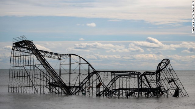 A roller coaster sits in the Atlantic Ocean on Thursday after the Fun Town pier it sat on in Seaside Heights, New Jersey<strong>, </strong>was destroyed by Superstorm Sandy. 