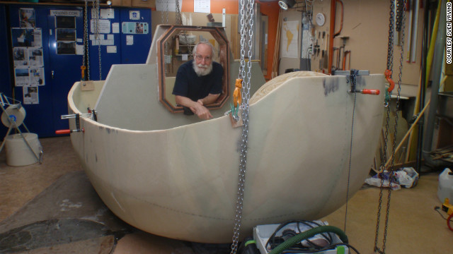 Sven Yrvind with his half-constructed vessel, Yrvind Ten. The 73-year-old plans to sail the three meter boat around the world.