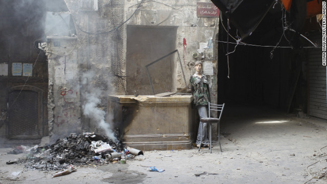 A mannequin used by rebel fighters as a decoy is seen in an area where clashes continue with pro-government forces in Aleppo on Friday, November 2.