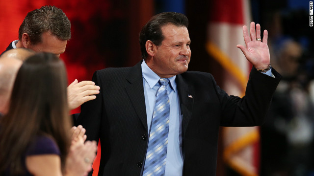 Michael Eruzione, who captained the United States' ice hockey team to their stunning 'Miracle on Ice' victory over the Soviet Union in 1980, is introduced at the Republican National Convention in August, when he gave his backing to Romney. 