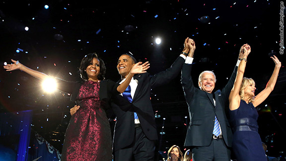 CHICAGO, IL - NOVEMBER 06: U.S. President Barack Obama stands on stage with first lady Michelle Obama, U.S. Vice President Joe Biden and Dr. Jill Biden after his victory speech on election night at McCormick Place November 6, 2012 in Chicago, Illinois. Obama won reelection against Republican candidate, former Massachusetts Governor Mitt Romney. (Photo by Chip Somodevilla/Getty Images)