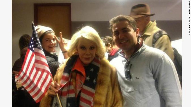 While voting November 6, Joan Rivers "met a wonderful guy named Eric on line to vote," she posted on Facebook. "The line was so long but Eric saved my day and held my place!"