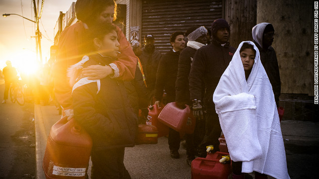 November 8: Hundreds of New Yorkers from Rockaway wait in line for gasoline in the aftermath of Sandy.