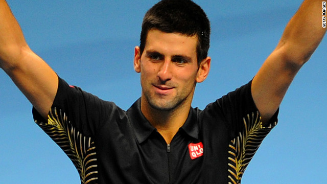 World No. 1 Novak Djokovic celebrates after Tomas Berdych on day five of the ATP World Tour Finals in London. 