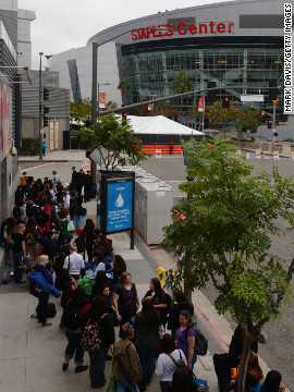 Crowds gather near the Staples Center to camp out for the premiere. 