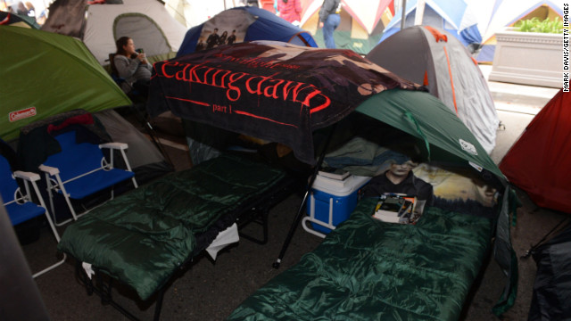 Dedicated fans of "The Twilight Saga" are camping out near Los Angeles' Nokia Theater ahead of Monday's "Breaking Dawn -- Part 2" premiere. Activities such as a Twilight-themed workout, as well as performances by Christina Perri, Paul McDonald and "Twilight" actress Nikki Reed, will reportedly take place at Summit Entertainment's "tent city," according to Deadline.