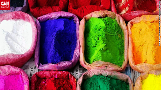 This image of colorful powders, which are used to make rangoli artworks during Diwali, was snapped by iReporter <a href='http://ireport.cnn.com/docs/DOC-880606'>Digamber Singh Rayamajhi</a> as he walked through the busy streets of Kathmandu, Nepal. <span/> <br/><span/>
<br/>
"As it is Diwali time the roads were bustling with people coming to shop," he says. "There were lot of little street shops on the pedestrian foot paths selling candles, colors, spices. I thought it looked beautiful and I just clicked few pics through my cell phone."