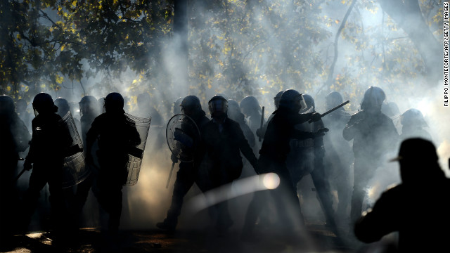 Eurozone crisis sparked protests throughout the continent. Pictured here, demonstrators fight with riot policemen during a protest against austerity on November 14, 2012 in Rome.
