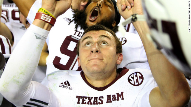 Texas A&M Aggies quarterback Johnny Manziel celebrates after last Saturday's victory over the Alabama Crimson Tide.