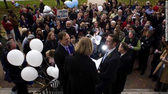 Michael Miller, left, and Ross Zachs marry on the West Hartford Town Hall steps after same-sex marriages became legal in Connecticut in 2008. A shift in beliefs was captured in a recent Pew Center poll that found 48% of Americans now favor same-sex marriage. Just four years ago, only 39% felt that way.