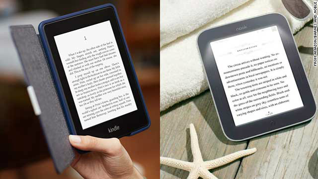 The Kindle Paperwhite, left, and Nook Simple Touch are leading e-readers, but booming tablet sales could spell doom. 