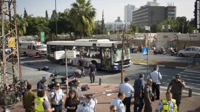 A general view of the scene after an explosion on a bus in central Tel Aviv.