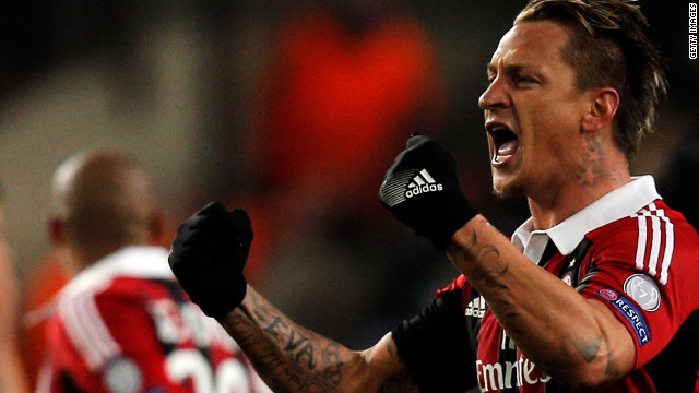 Philippe Mexes celebrates his stunning second goal for AC Milan in their 3-1 victory at Anderlecht.