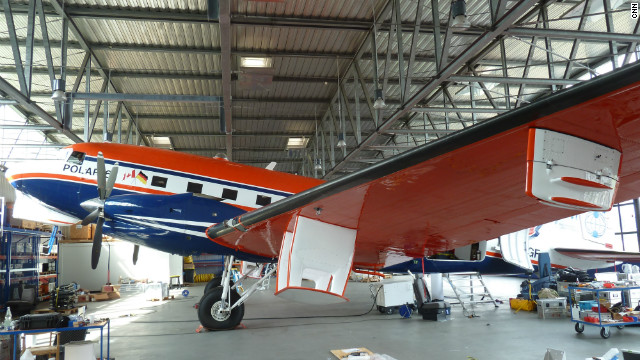 Research Aircraft POLAR 6 being outfitted with scientific antennas and computers at the Alfred-Wegener-Institutes hangar in Bremerhaven, Germany. The plane is a totally rebuilt DC-3 Dakota from World War II. 