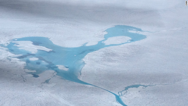 A massive meltwater pool en route to the radar survey area. Nasa images showed unprecedented surface melt in the arctic this year.