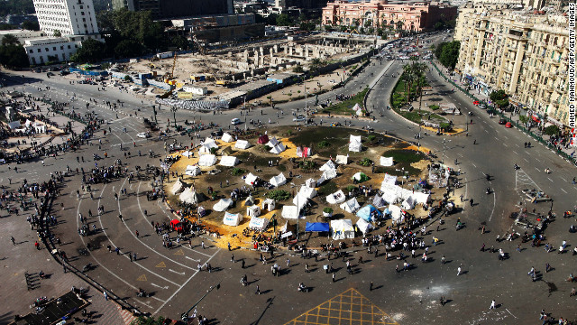 Protesters gather at sit-in tents in Tahrir Square on Sunday. 