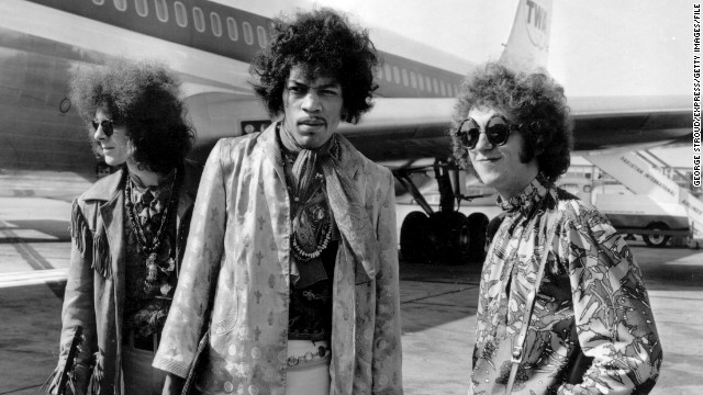 While he was surging in popularity across the pond, Jimi Hendrix and his captivating way of playing guitar soon became known to U.S. audiences. The Jimi Hendrix Experience, seen here at the London Airport in August 1967, performed at the Monterey Pop Festival.