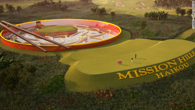 One of the signatures holes on a new fantasy course at Mission Hills in China will see players attempt to hit a green surrounded by a noodle-style hazard complete with chopsticks. 