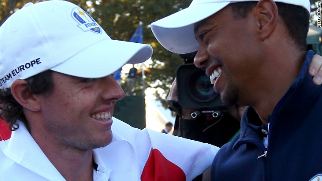 Tiger Woods, right, congratulates Rory McIlroy after Europe's remarkable victory over the U.S. on the final day of the 2012 Ryder Cup in September. The two are big rivals on the golf course, but a friendship has also blossomed this year.