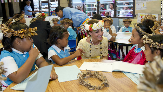 Catherine meets children at Nauti Primary School during the couple's Diamond Jubilee tour of the Far East on September 18, 2012, in Funafuti, Tuvalu. Since her marriage with Prince William, the Duchess has reached out to children and schools all over the world.