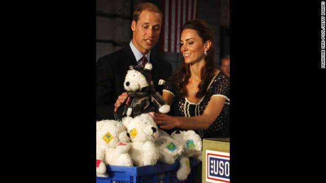 Prince William and Catherine help pack care packages for military children at the Mission Serve: Hiring Our Heroes event on July 10, 2011, in Culver City, California.