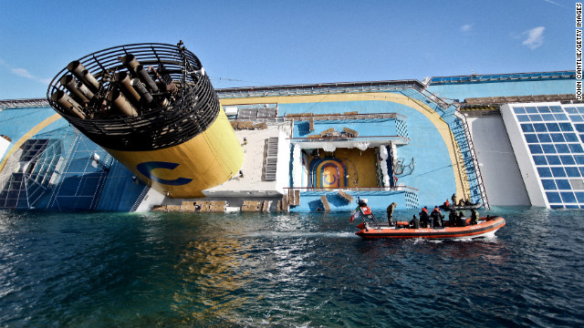 January 15: The cruise ship Costa Concordia lies stricken off the shore of the Italian island of Giglio. The ship struck a rock and turned on its side on January 13, killing 32 people from eight countries.