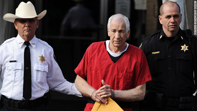 October 9: Former Penn State assistant football coach Jerry Sandusky leaves the courthouse in Bellefonte, Pennsylvania, after being sentenced to at least 30 years in prison. Sandusky, 68, was convicted in June on 45 counts of child sexual abuse.