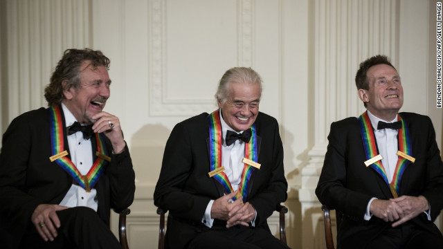 Led Zeppelin's Robert Plant, Jimmy Page and John Paul Jones share a laugh at the White House reception Sunday before the awards ceremony.