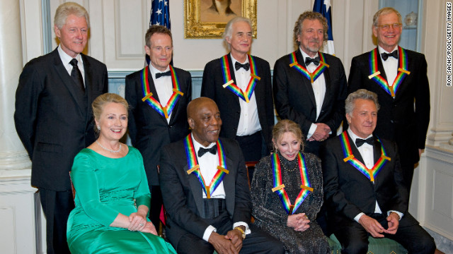 The Clintons honor the recipients at a State Department dinner Saturday. Back row, from left, former U.S. President Bill Clinton, Led Zeppelin's John Paul Jones, Jimmy Page and Robert Plant, and David Letterman. Front row, Hillary Clinton, Buddy Guy, Natalia Makarova and Dustin Hoffman.