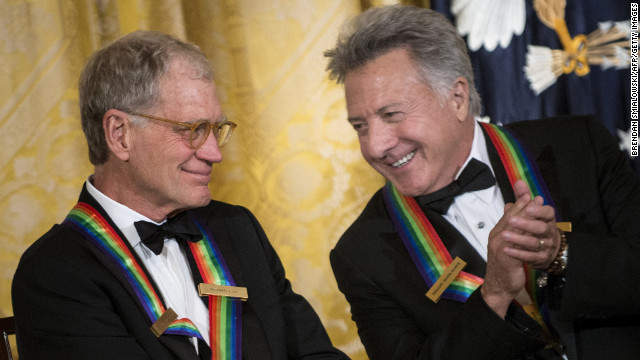 David Letterman, left, chats with Dustin Hoffman during an event Sunday in the White House East Room before the 35th Kennedy Center Honors.