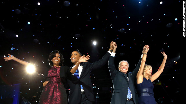 November 6: President Barack Obama stands on stage with first lady Michelle Obama, U.S. Vice President Joe Biden and Dr. Jill Biden after his victory speech on Election Night in Chicago. Obama was re-elected with 332 electoral votes and 51% of the popular vote.