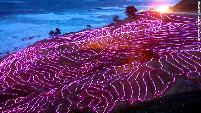 November 10: Terraced rice paddies of Shiroyone Senmaida glow with 20,000 solar-powered pink LED lights in Wajima, Japan, to be recorded in Guinness World Records. The rice paddies were registered as Globally Important Agricultural Heritage Systems last year.