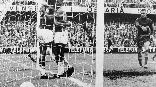 During his time in Brazil with Sao Paulo between 1957 and 1958, Guttmann introduced the 4-2-4 system which Brazil used at the 1958 World Cup. Pele is pictured here celebrating after scoring in Brazil's 5-2 World Cup final win over Sweden in Stockholm.