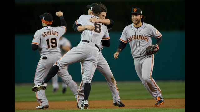 October 28: The San Francisco Giants celebrate defeating the Detroit Tigers in the 10th inning to win Game Four -- the deciding game -- of the World Series at Comerica Park in Detroit. 