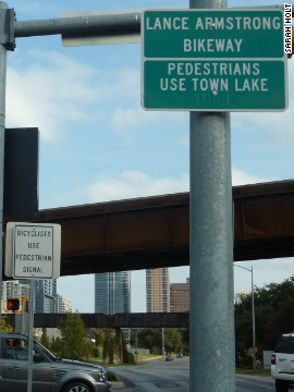 Cyclists can ride the Lance Armstrong Bikeway through the city. Many in Austin have stood by Armstrong despite the allegations of widespread and systematic doping.