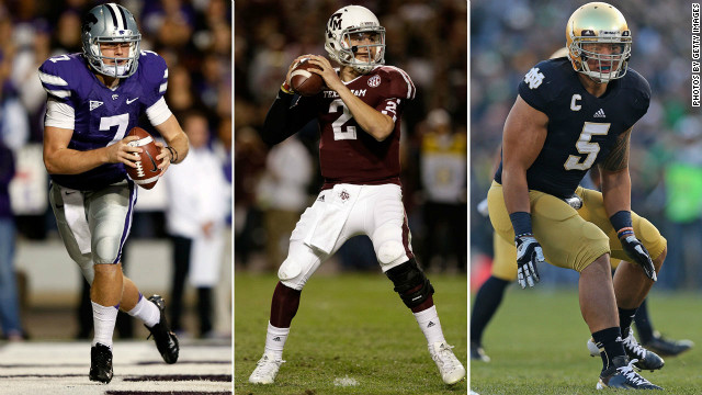 The three finalists for the Heisman Trophy are Kansas State quarterback Collin Klein, Texas A&M quarterback Johnny Manziel and Notre Dame linebacker Manti Te'o.