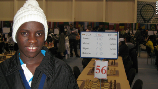 Phiona Mutesi relishes her first victory at the 2010 Chess Olympiad in Khanty-Mansiysk, Russia